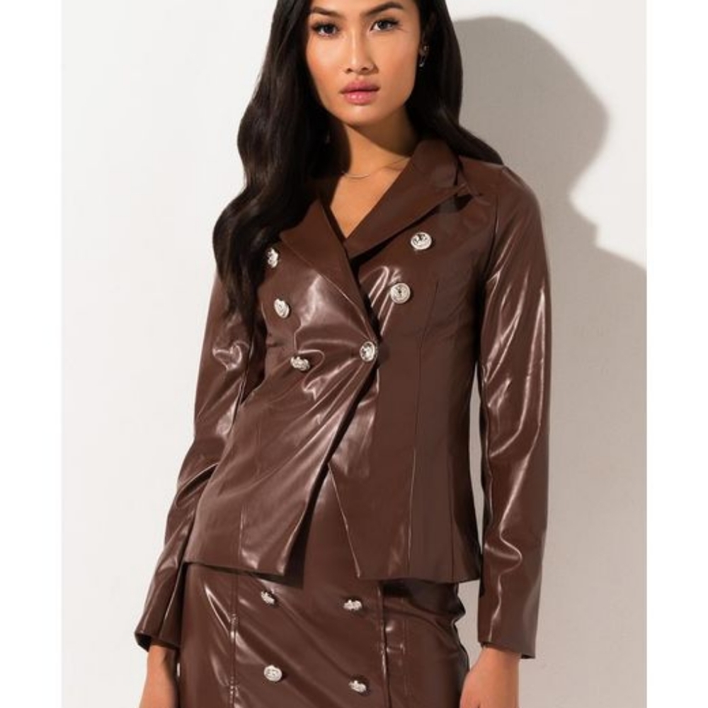 AKIRA SILVER METALLIC BUTTON FAUX LEATHER BROWN BLAZER NWT - Picture 6 of 16